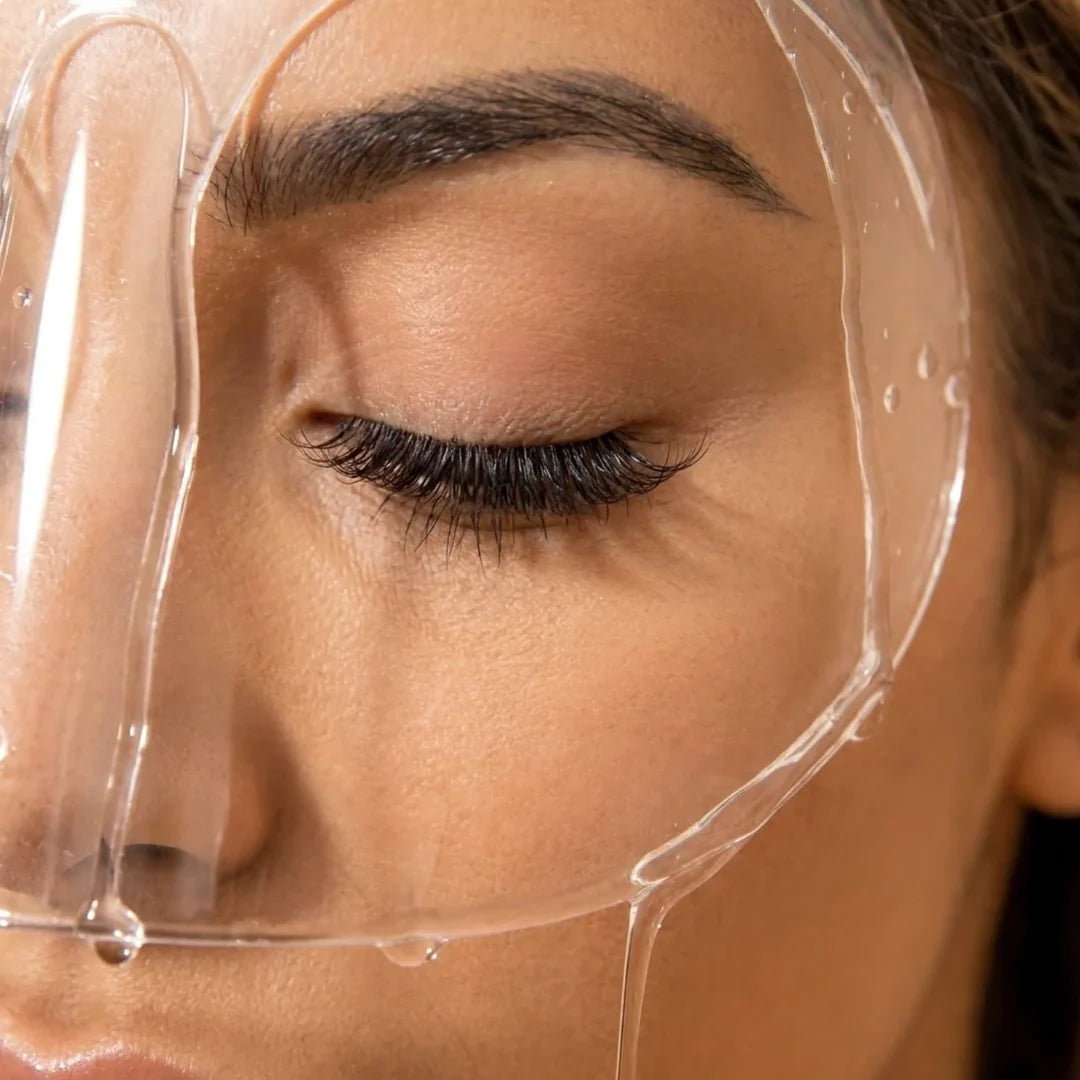 Close-up of lash extensions protected by the clear visor